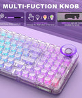 Smooth Wireless Mechanical Keyboard With Sleek Rotary Knob And Sick Tri Mode Sync For Effortless Multi Device Pairing Purple Crystal Switches zoomed view showing multicolor keys and rotary knob.