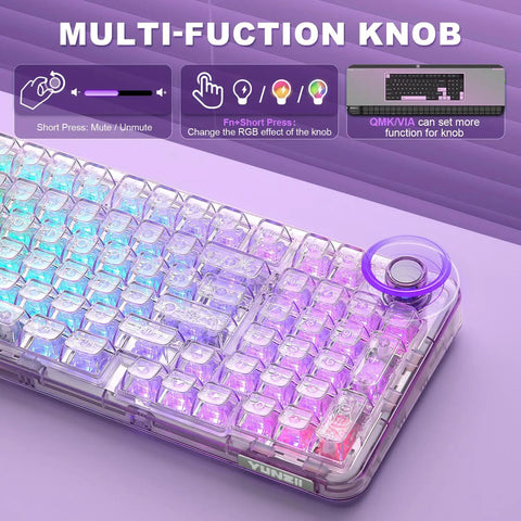 Smooth Wireless Mechanical Keyboard With Sleek Rotary Knob And Sick Tri Mode Sync For Effortless Multi Device Pairing Purple Crystal Switches zoomed view showing multicolor keys and rotary knob.