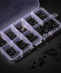 M2.5 Flat Head Machine Screws Set In Black Phillips, 620 Piece Assortment, Carbon Steel Bolts Nuts Kit in open storage box