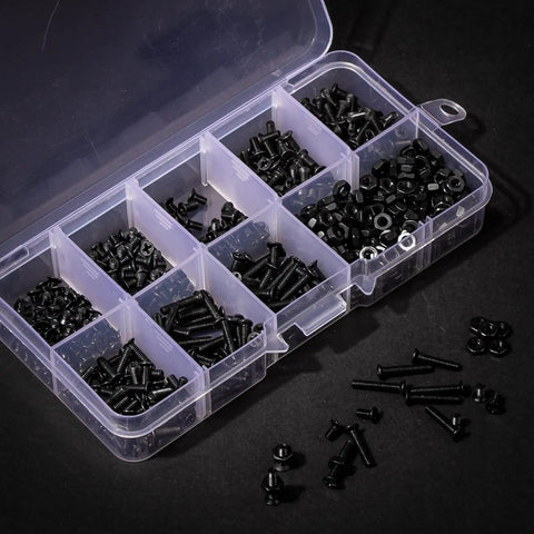 M2.5 Flat Head Machine Screws Set In Black Phillips, 620 Piece Assortment, Carbon Steel Bolts Nuts Kit in open storage box
