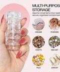 Stackable Clear Cosmetic Jars With Screw Caps Bulk Pack For Craft Supplies Buttons Beads Coins Nifty Little Storage Cases Made Of High Grade Acrylic shown being held, ideal for organizing small items.