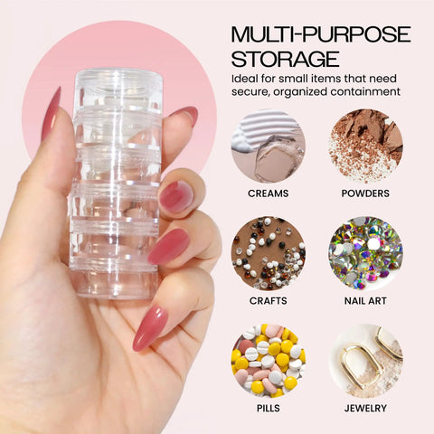 Stackable Clear Cosmetic Jars With Screw Caps Bulk Pack For Craft Supplies Buttons Beads Coins Nifty Little Storage Cases Made Of High Grade Acrylic shown being held, ideal for organizing small items.