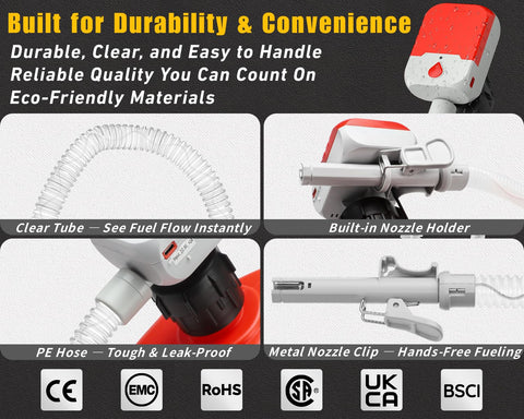 Auto Stop Fuel Transfer Pump With 3.8 GPM Cordless Pump Powered By Battery Or USB, showing clear tube, nozzle holder, hose, nozzle clip.