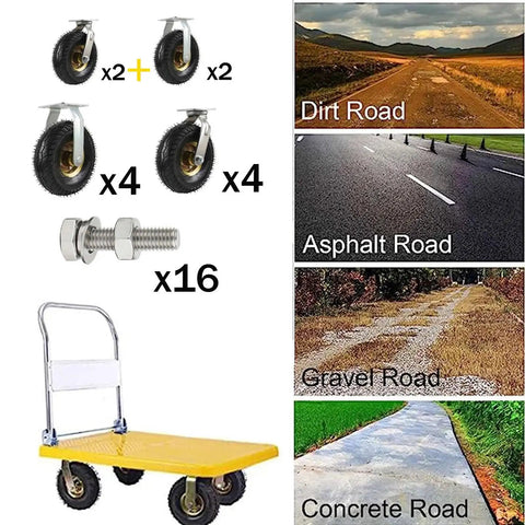 Built Tough Heavy Duty Pneumatic Swivel Caster Set Four Pack Premium Natural Rubber Wheels with Shock Absorption for Warehouse Carts on various surfaces.