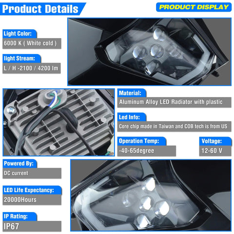 Universal LED Dirt Bike Headlight Kit With 2100 Lm Output For Enduro Pit Bikes And ATVs, Durable Black Housing Details