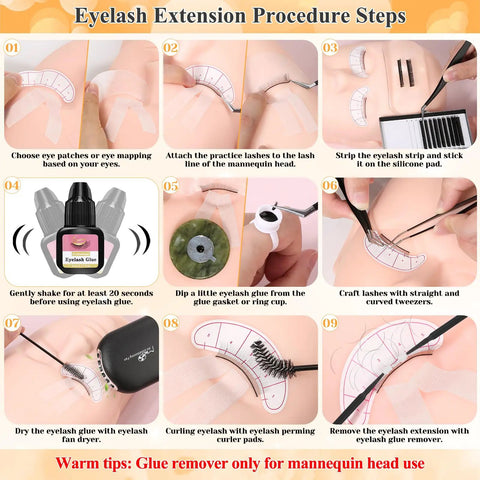 Guide for using All In One Lash Extension Practice Kit For Beginners with mannequin and glue remover, step-by-step visuals