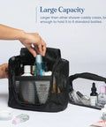On The Go Shower Caddy Bag For Travel And Gym Quick Dry Mesh Hanging Toiletry Organizer with free toiletries case in black, large capacity with bottles.