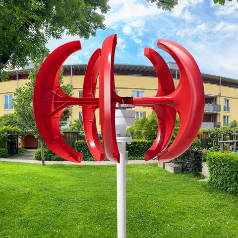 12V/24V Wind Turbine Kit With Easy Install And Intelligent Power Regulation Module And Low Resistance Permanent Magnet Generator For Home Wind Solar Hybrid Power System, 5 Blade Compact Turbine In Red in a garden setting