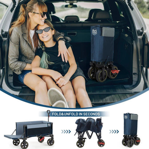 Extra Long Folding Wagon With Tailgate And Brakes For Easy Haul, Heavy Duty 300Lb Load Capacity, folded in car trunk