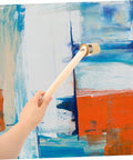Hand holding wood handle pig bristle paint brush applying acrylic on canvas. Wood Handle Pig Bristle Paint Brush For Acrylics Stain And Wall Painting Awesome For DIY Furniture And House Projects, Versatile Bristle Brush For Smooth Even Coats And Quick Clean Up.