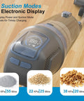 Cordless Vacuum Cleaner With 38KPa Suction And 450W Brushless Motor LED Display showing three suction modes on hardwood floor