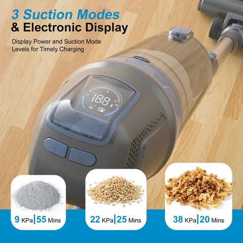 Cordless Vacuum Cleaner With 38KPa Suction And 450W Brushless Motor LED Display showing three suction modes on hardwood floor