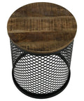 Premium Drum Base Accent Table Featuring A Perforated Quatrefoil Metal Lattice And Rich Mango Wood Top, overhead view.