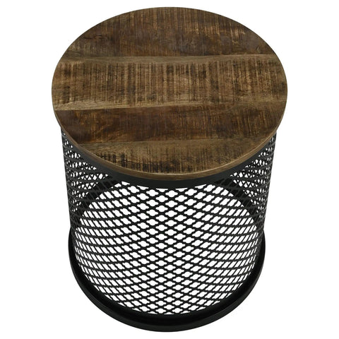 Premium Drum Base Accent Table Featuring A Perforated Quatrefoil Metal Lattice And Rich Mango Wood Top, overhead view.