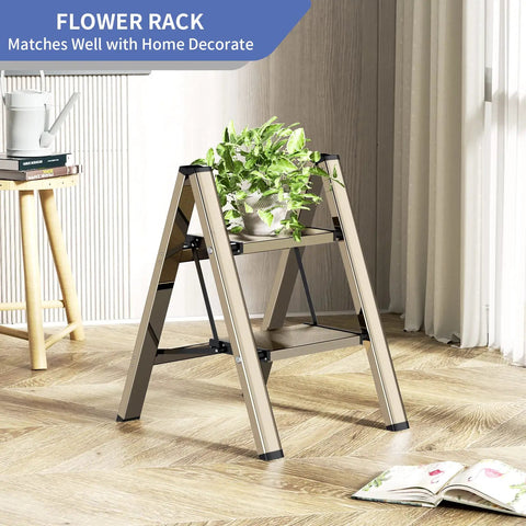 Three Step Folding Ladder Stool With Anti Slip Wide Pedals Aluminum Portable Lightweight Multi Use Home And Kitchen Ladder Shelf Woodgrain And White Finish 330 Lb Capacity