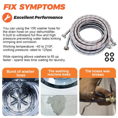 Image of 15Ft Stainless Steel Washing Machine Hoses Two Pack With Hot And Cold Water Lines Universal Fit For All Washers Burst Proof