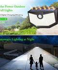 4 Pack Solar Outdoor Lights With Motion Sensor Super Bright 160 LEDs illuminating a yard at night with a family silhouette.
