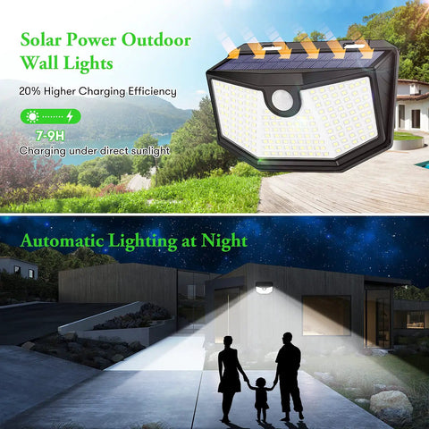 4 Pack Solar Outdoor Lights With Motion Sensor Super Bright 160 LEDs illuminating a yard at night with a family silhouette.