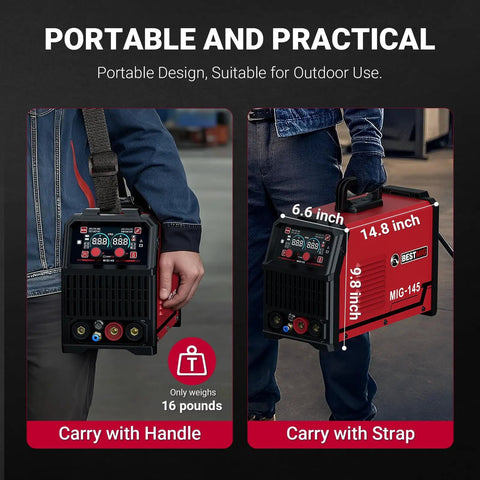 Solid 4-In-1 Multi-Process Welder That Hits Hard With 110V 220V shown being carried with strap, highlighting portability and practical design.