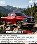 Red Ram truck on rocky terrain; compatible with 2011-2024 Ram 6.7L Diesel 2500 3500 4500 5500, 2010 Ram 2500 3500 Cummins Diesel models.
