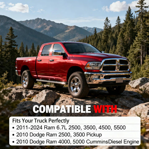 Red Ram truck on rocky terrain; compatible with 2011-2024 Ram 6.7L Diesel 2500 3500 4500 5500, 2010 Ram 2500 3500 Cummins Diesel models.