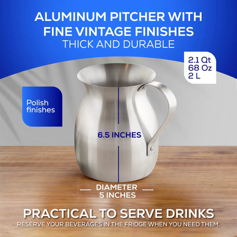 2.1 Qt Aluminum Chocolatera Hot Chocolate Maker And Frothing Pitcher on wooden surface, silver finish, 6.5in high, 5in diameter.