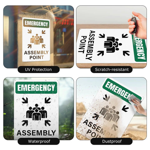 Emergency Assembly Point Sign 18x12 Inches Reflective Aluminum Waterproof Signage With Pre Drilled Holes For Warehouse School And Hospital Safety Built To Last shown in UV, scratch-resistant, waterproof, and dustproof conditions.