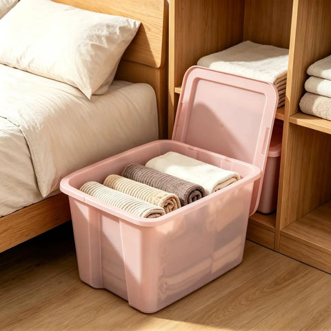 Sick Space Saver Pink Plastic Storage Bin Knocking Clutter Out With 18 Gallon Stackable Tote holding neatly rolled towels beside a bed.