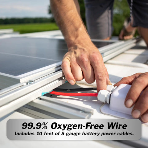 Heavy Duty 5 Gauge Battery Cables 10 Foot Red Black Power Cord Kit connecting to solar panel with 99.9% oxygen-free wire.