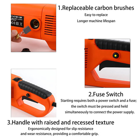 Heavy Duty Electric Pipe Threader Kit Acting As A Slick Workhorse With 2300W Copper Motor showing replaceable carbon brushes and fuse switch.