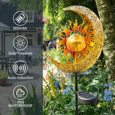 Sun And Moon Crackle Glass Solar Globe Stake Lights For Garden, Waterproof LED Pathway Lamps with dope amber glow in yard