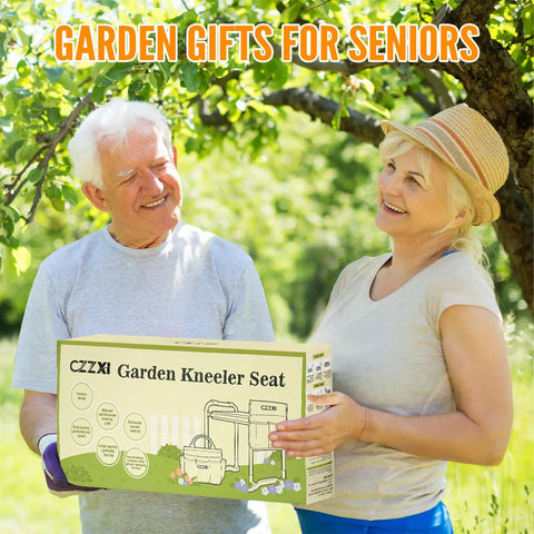 Seniors holding a box of Garden Kneeler And Seat With Wider Thick Pad, Heavy Duty Gardening Stool With Tool Pouch And Bag