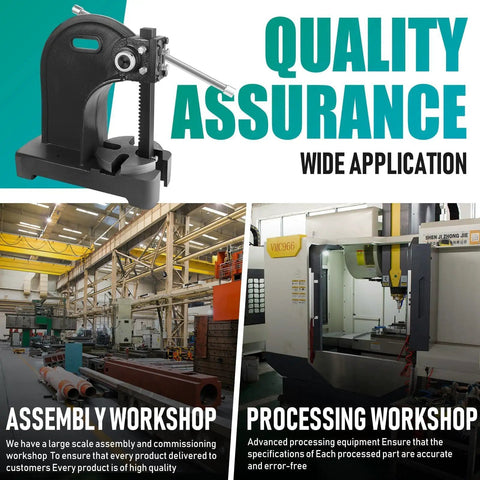 Badass 3 Ton Manual Arbor Press With Smooth Hand Wheel, Heavy Duty Cast Iron Frame And 12 Inch Capacity For Riveting Hole Punching, Bending And Metal Forming Projects Done Right Without The Hassle In Black displayed in workshop.