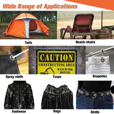 Image showing diverse applications of Five Hundred Piece Grommet Tool Kit For Fabric And Tarp Projects With Ten Millimeter Inner Diameter Eyelets Eighteen Point Five Millimeter Outer Diameter Grommets Manual Press Punch Handy For Banner Canvas And DIY Tarp Repairs, including tents, beach chairs, spray cloth, tarps, draperies, footwear, bags, and girdles.