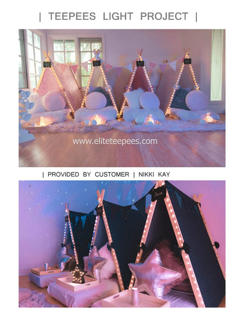Teepees illuminated with dimmable starry copper string lights for cozy indoor ambiance at a party event.