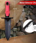 Heavy Duty Double Serrated Edge Digger with red handle next to rocks, features 12.8-inch blade with ergonomic grip, for gardening and metal detecting.