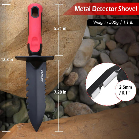 Heavy Duty Double Serrated Edge Digger with red handle next to rocks, features 12.8-inch blade with ergonomic grip, for gardening and metal detecting.
