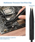 Person using tweezers to test circuit board, part of 27 Piece Multimeter Test Leads Probes Kit With Big And Small Alligator Clips, Banana Plug Leads, Hook Probes, Tweezers And Wires For Easy Volt Meter Testing Must Have Kit.