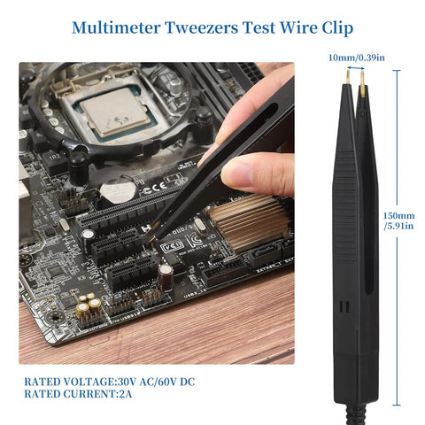 Person using tweezers to test circuit board, part of 27 Piece Multimeter Test Leads Probes Kit With Big And Small Alligator Clips, Banana Plug Leads, Hook Probes, Tweezers And Wires For Easy Volt Meter Testing Must Have Kit.
