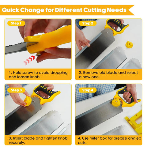 Quick change process for 4-Piece Miter Box And Saw Set With A 3.95 Inch By 12 Inch Extra-Wide Miter Box And Three Saws For Heavy-Duty Cuts