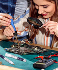 Individuals using Three Piece No Clean Soldering Pen Rosin Solder Pen For Electronics Tabbing Wiring Liquid Solder For PCB Board Maintenance And Welding Pro Grade Tools 5.6 Inch Length Grab And Go Soldering Kit on a circuit board.