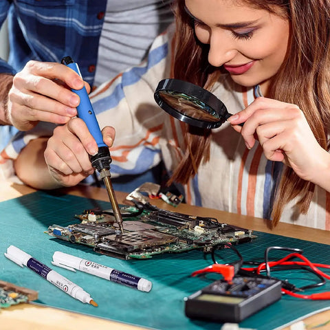 Individuals using Three Piece No Clean Soldering Pen Rosin Solder Pen For Electronics Tabbing Wiring Liquid Solder For PCB Board Maintenance And Welding Pro Grade Tools 5.6 Inch Length Grab And Go Soldering Kit on a circuit board.