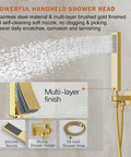 HoliSpa gold shower system with wall-mounted faucet, 10-inch rain showerhead and handheld spray; brushed gold finish
