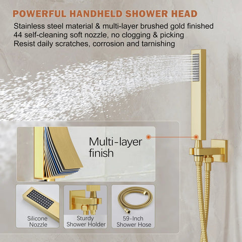 HoliSpa gold shower system with wall-mounted faucet, 10-inch rain showerhead and handheld spray; brushed gold finish