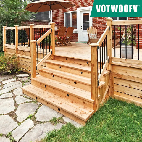Wooden deck with stairs and railing showing 30 Degree Deck Railing Brackets Set Of 2 U Shaped Concealed Connectors for 2x4 posts.