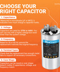 UL Certified 25uF Round Motor Run Capacitor For 370V Or 440V AC with labeled specifications, compact design.