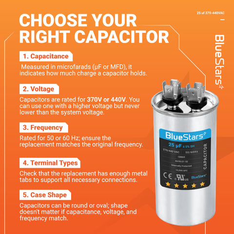 UL Certified 25uF Round Motor Run Capacitor For 370V Or 440V AC with labeled specifications, compact design.