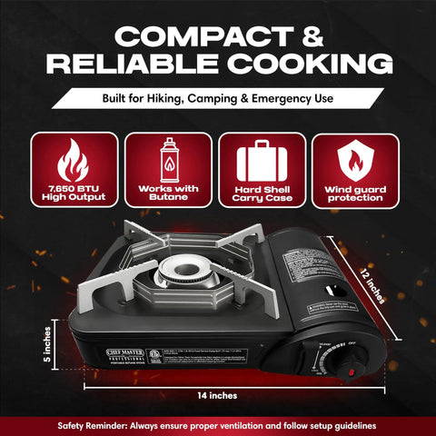 Portable Butane Camping Stove With Piezo Ignition And 7650 BTU Output, Wind Guard, Compact Carrying Case dimensions