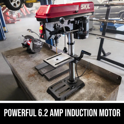 Front view of 6.2 Amp 10 Inch Benchtop Drill Press With 5 Speed Range 610 To 2800 RPM, Laser Alignment, Work Light, And Adjustable Depth Stop
