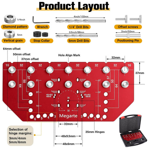 Diagram and layout of 2 In 1 Shelf Pin And Hinge Jig For Cabinets, Aluminum Alloy Drill Template With One Quarter Inch And 5mm Drill Bits
